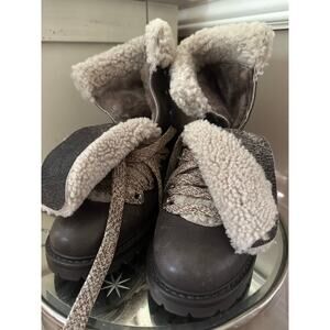 Barney's New York Leather Shearling Lined Fur Boots Brown Italy combat new sz 38